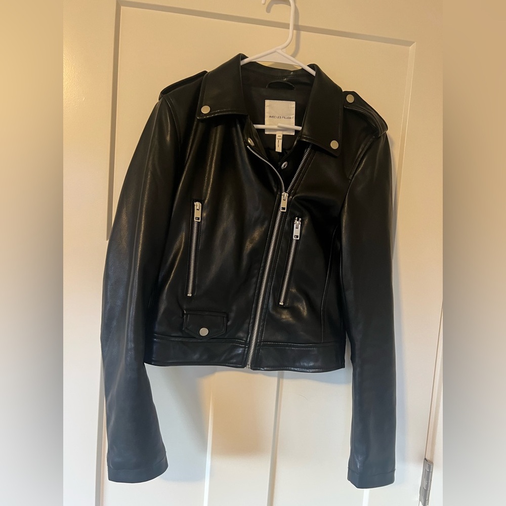 Avec Les Filles Leather Cropped Biker Jacket